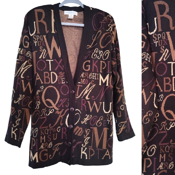 VTG 90s Brown Fall Alphabet Knit In Oversized Cardigan Sweater Small - Picture 1 of 13
